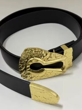 Schiaparelli Inspired Gold Buckle Black Leather Belt